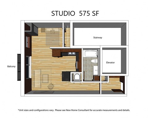 Floor plan for studio, 1 bath, 575 sqft